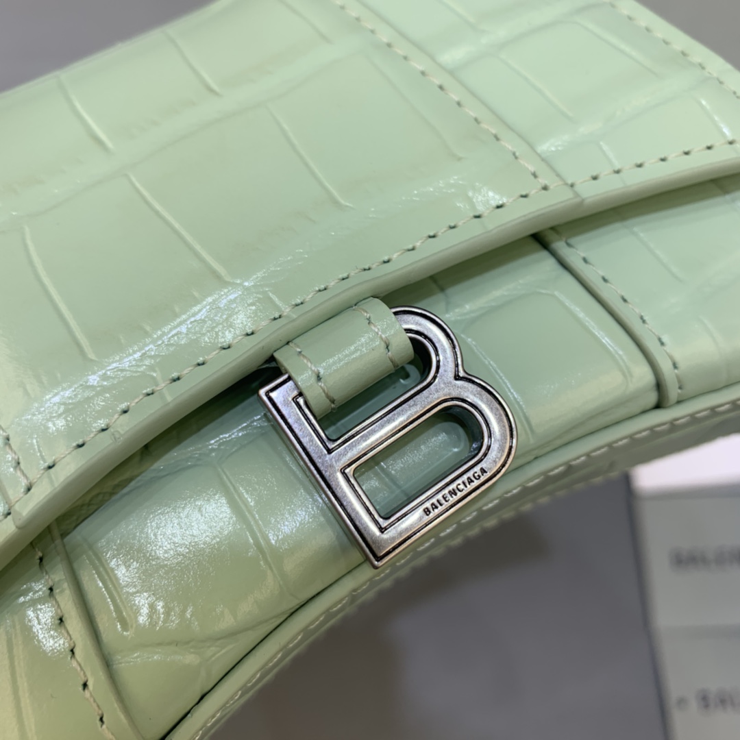 Balenciaga Hourglass Mini Handbag With Chain Crocodile Embossed Shoulder Bag Light Green